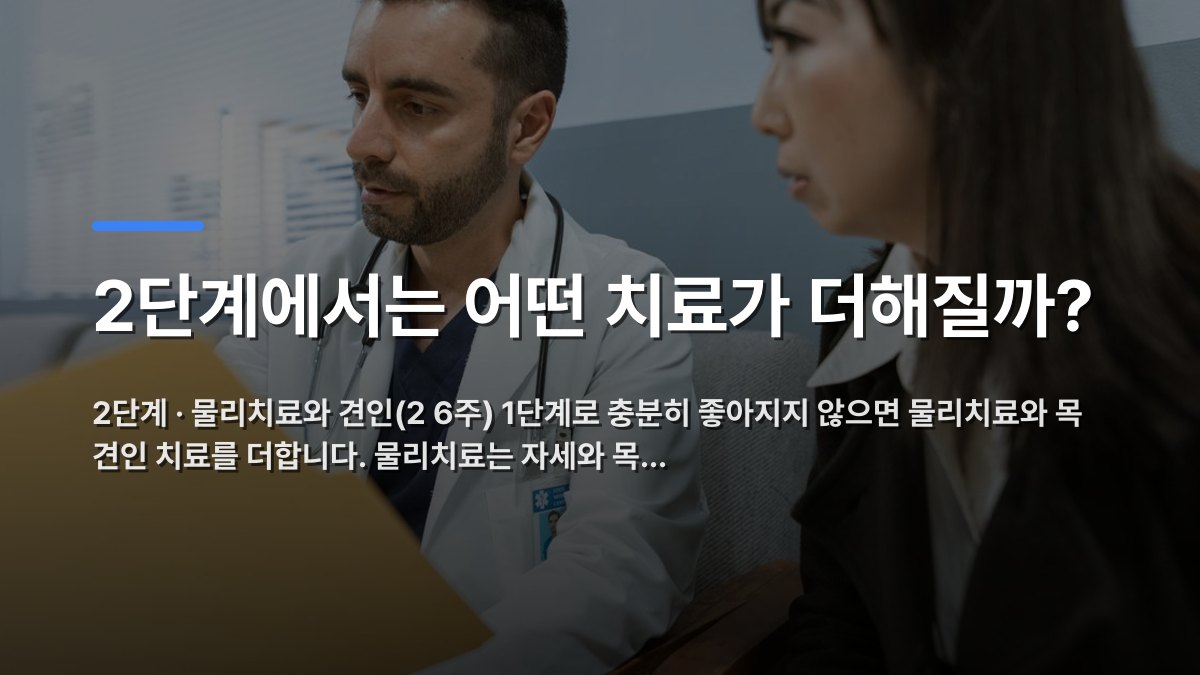 2단계에서는 어떤 치료가 더해질까? — 2단계 · 물리치료와 견인(2 6주) 1단계로 충분히 좋아지지 않으면 물리치료와 목 견인 치료를 더합니다. 물리치료는 자세와 목… · 배경 사진: Doctor discusses health records with a patient in a clinical setting.