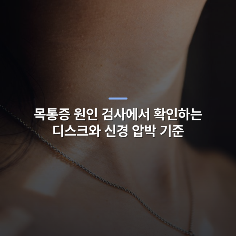 목통증 원인 검사에서 확인하는 디스크와 신경 압박 기준 · 사진: Elegant close-up capturing a woman's neck adorned with a necklace and sunlight reflections.