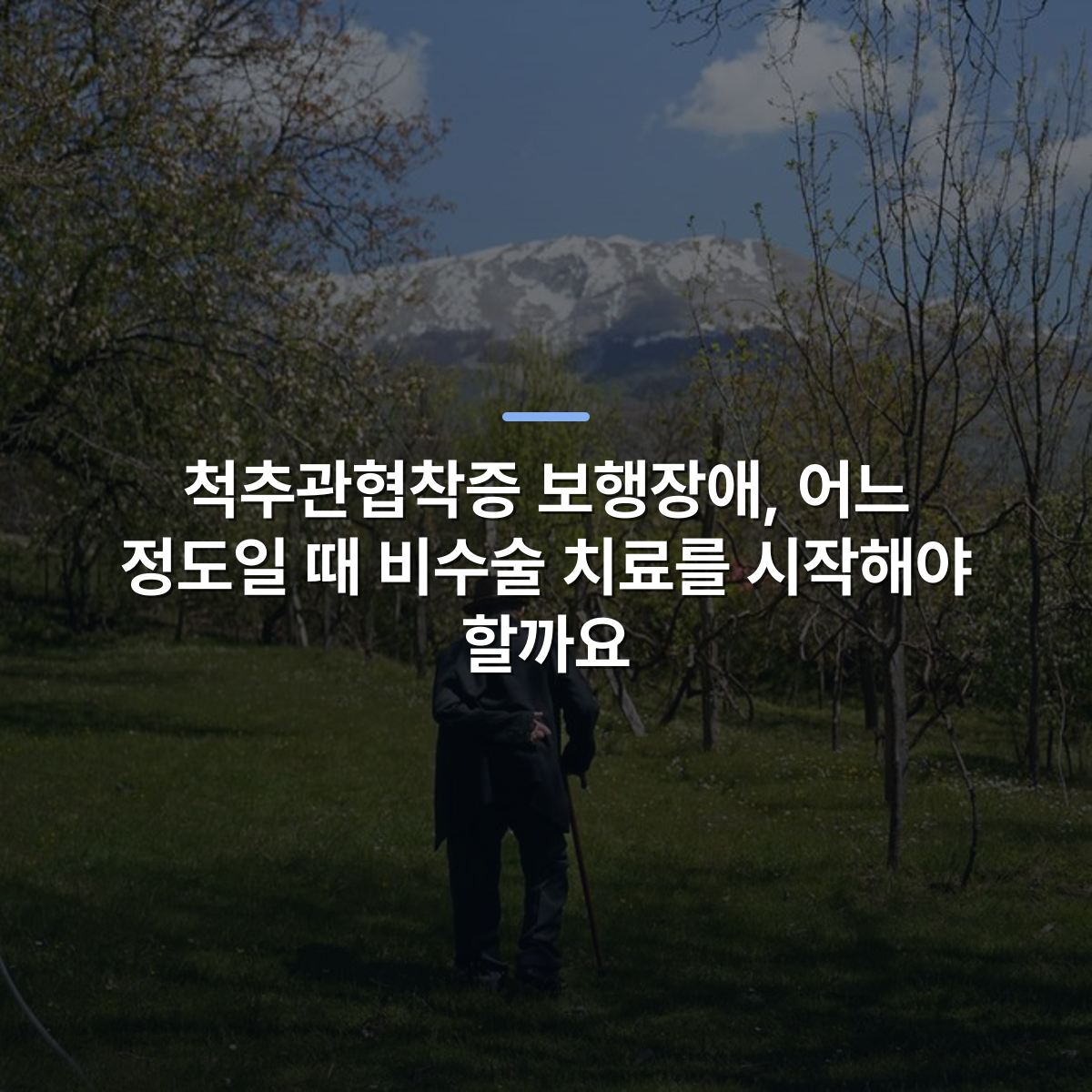 척추관협착증 보행장애, 어느 정도일 때 비수술 치료를 시작해야 할까요 · 사진: A senior man strolls through a lush field with mountain views in Burrel, Albania.